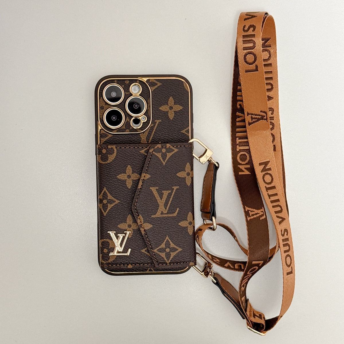 Luxury Monogram Leather Phone Case with Card Holder for iPhone 12-18 Pro & Pro Max